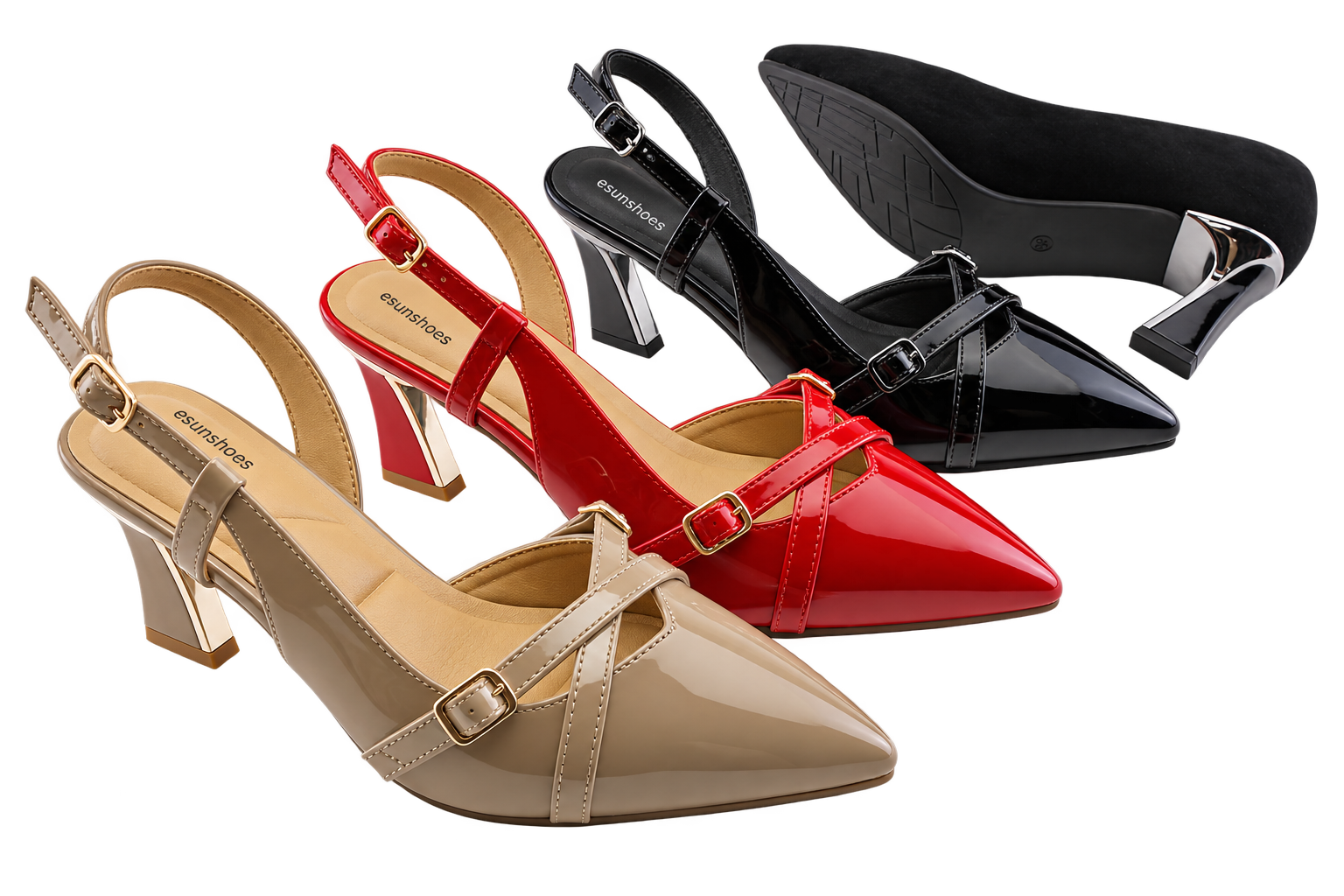 Pointed slingback heels with ESUNSHOES insole branding