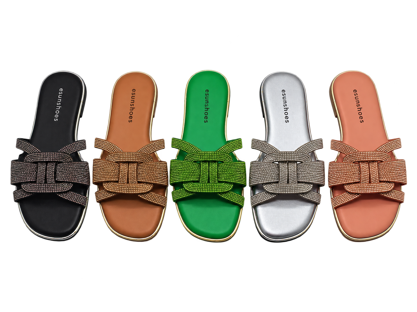 Five rhinestone buckle slide sandals with ESUNSHOES insole branding